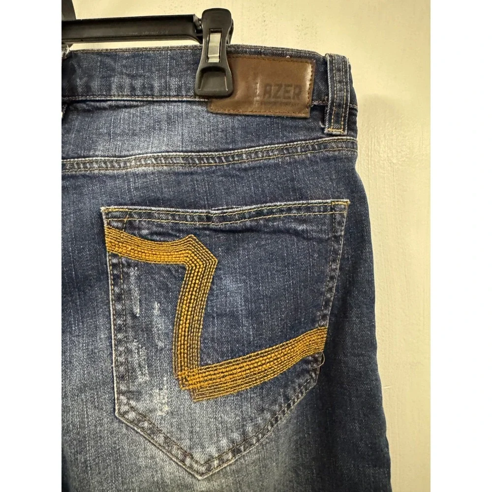 LAZER Mens 34x30 Blue Wash‎ Distressed Denim Jeans Straight Fit